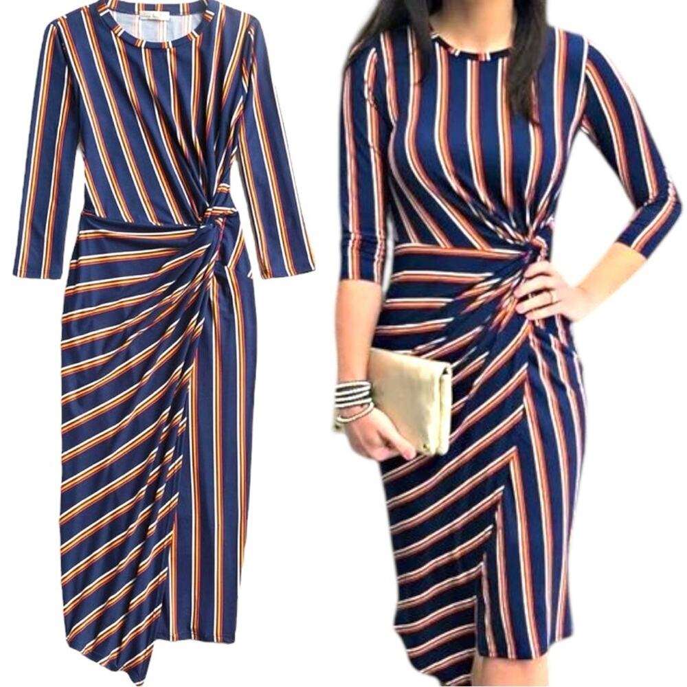 Nine Britton NWT Blue and orange Sheath Dress 3/4 Sleeve Crew Neck Size Small